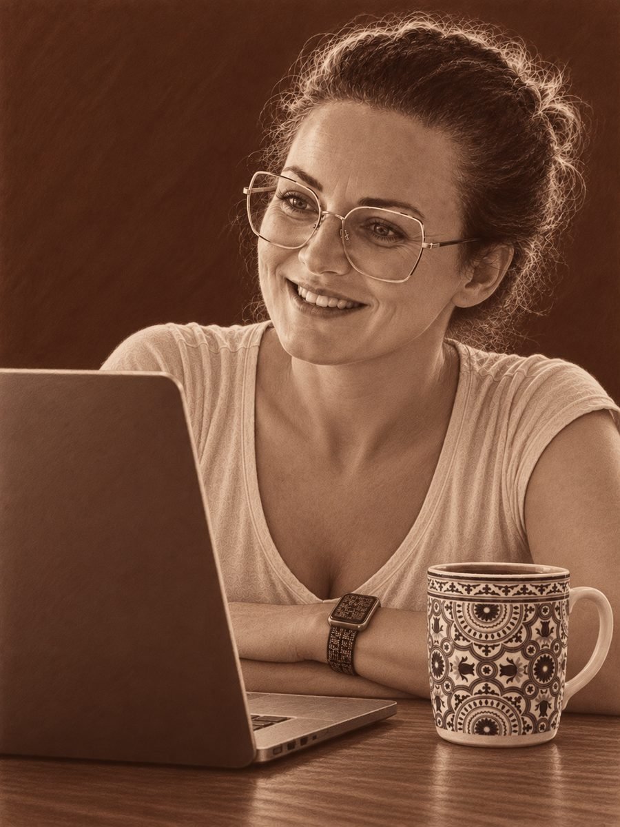 Illustration: Anne sitzt lächelnd am Laptop, neben ihr ihre Azulejo-Kaffeetasse