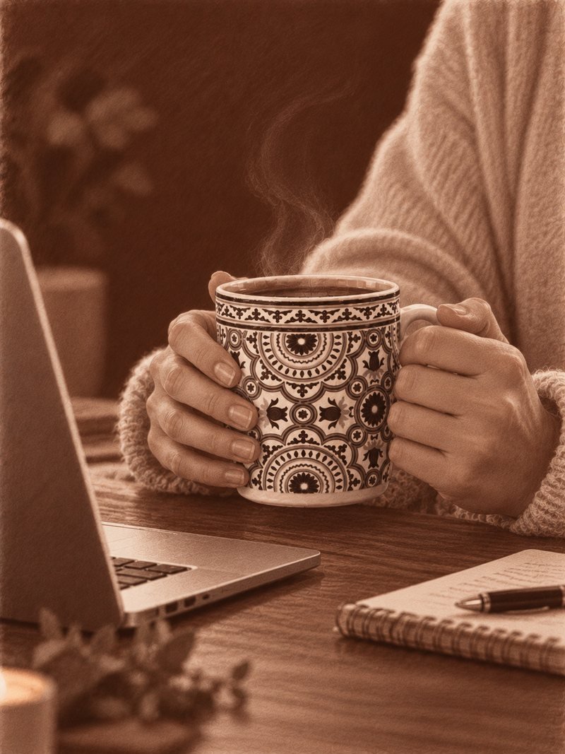 Illustration: Anne hält lächelnd ihre Azulejo-Kaffeetasse
